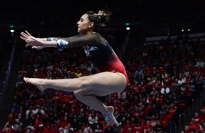 (Francisco Kjolseth  |  The Salt Lake Tribune)  Macey Roberts performs her floor routine as Utah hosts Penn State in their season opener at the Huntsman Center in Salt Lake City on Saturday, Jan. 5, 2019.