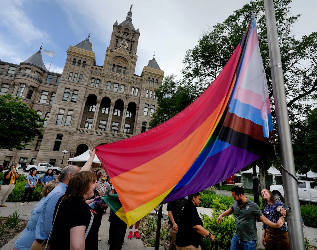(Francisco Kjolseth | The Salt Lake Tribune) The Pride flag is raised at Washington Square by Salt Lake City and LGBTQ+ leaders, marking the beginning of Pride Month on Thursday, June 1, 2023.