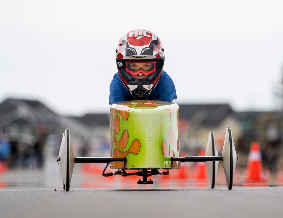 (Rick Egan | The Salt Lake Tribune) Zac Bradshaw races his car in the Daybreak Soap Box Derby, on Saturday, April 24, 2021.