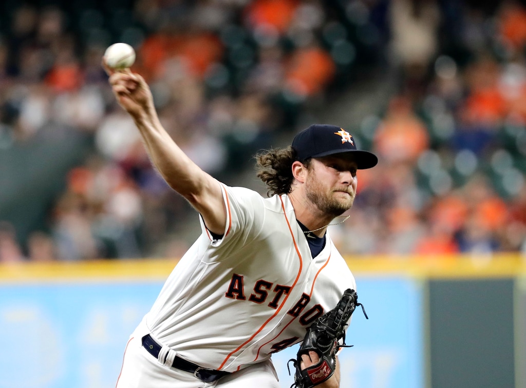 Houston Astros starting pitcher Gerrit Cole throws against the Tampa Bay Rays during the first inning of a baseball game Monday, June 18, 2018, in Houston. (AP Photo/David J. Phillip)