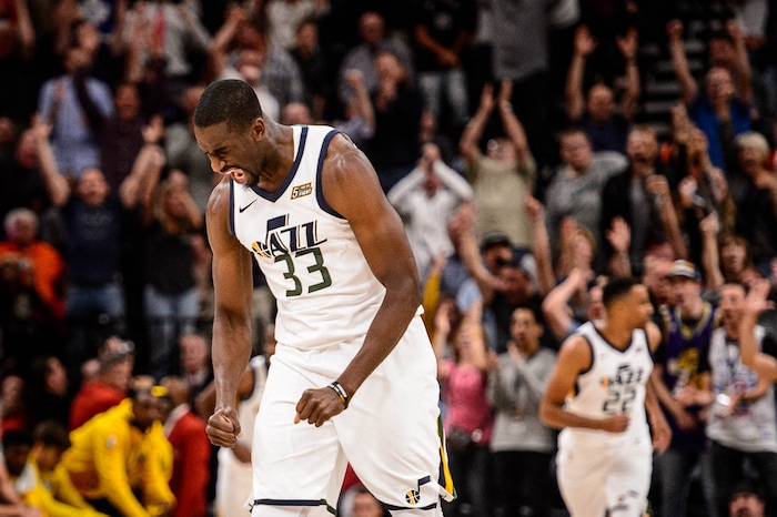 (Trent Nelson | The Salt Lake Tribune)  Utah Jazz forward Ekpe Udoh (33) celebrates a fourth quarter comeback as the Utah Jazz host the Denver Nuggets, NBA basketball in Salt Lake City, Wednesday October 18, 2017.