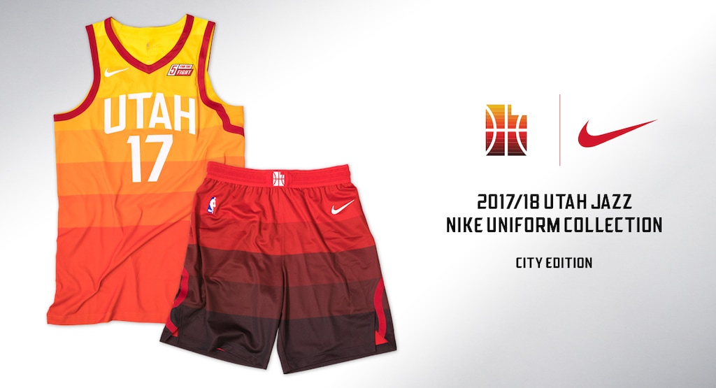 The Jazz "City" design uniforms, the fourth edition designed by Nike, will feature a color palette inspired by the landscape of Southern Utah. It features a gradient color scheme from gold to dark brown, side designs featuring road routes to St. George and Moab, and a specialty designed "Jazz State" logo on the waistband. The Jazz will debut the jersey on Jan. 30 against the Golden State Warriors and wear them in nine games this season. The uniform will be available to consumers in March. Graphic courtesy of the Utah Jazz.