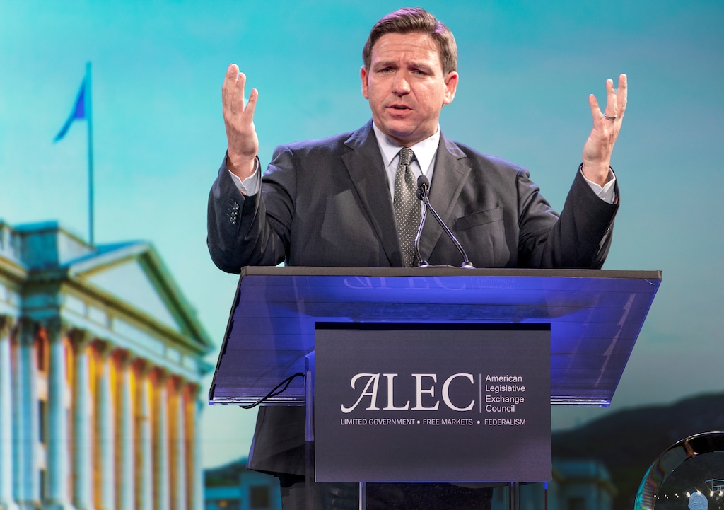 (Leah Hogsten | The Salt Lake Tribune)  Florida Gov. Ron DeSantis addresses The American Legislative Exchange Council annual meeting July 28, 2021 at The Grand America Hotel in Salt Lake City. 