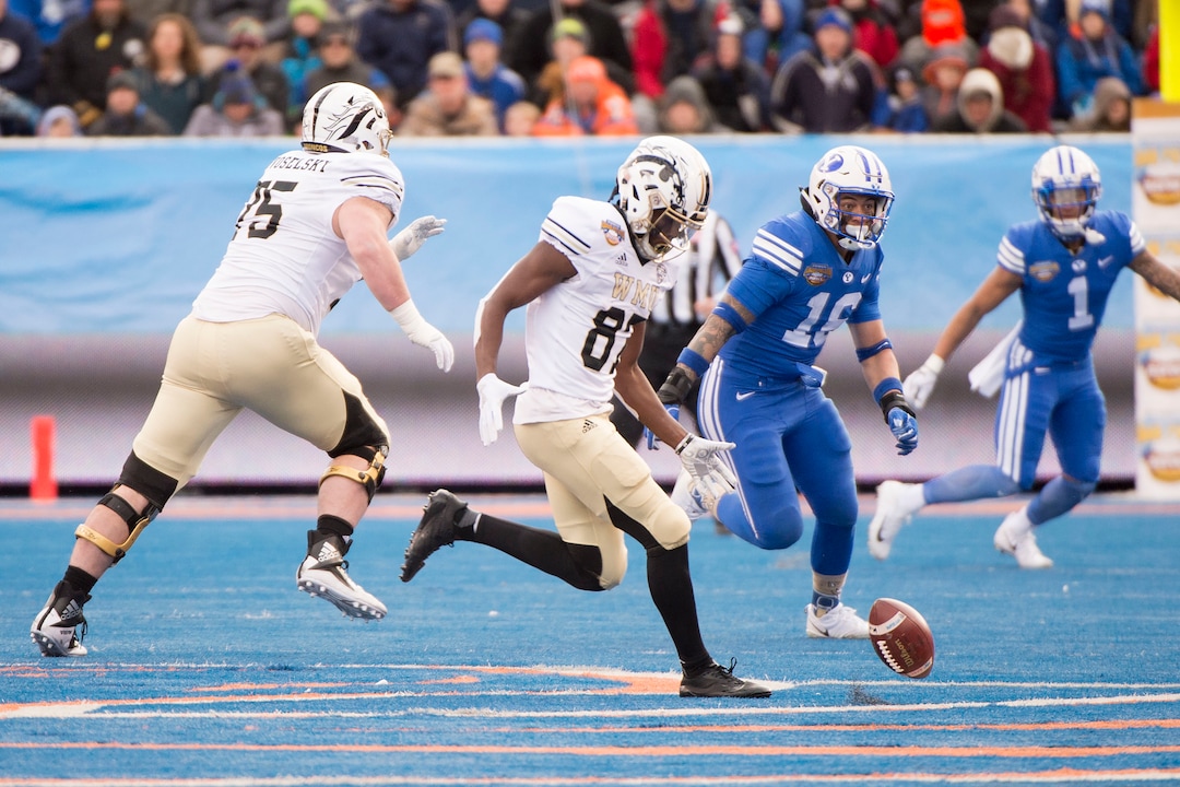 (Jeremy Harmon  |  The Salt Lake Tribune) Western Michigan Broncos wide receiver Jayden Reed (87) fumbles the ball as BYU faces the Western Michigan Broncos in the Famous Idaho Potato Bowl in Boise, Idaho, on Friday, Dec. 21, 2018.