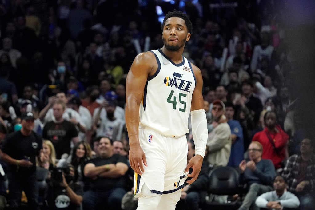 (Mark J. Terrill | AP) Utah Jazz guard Donovan Mitchell stands on the court after being called for a technical foul for attempting to call a timeout when the Jazz had none left during the second half of an NBA basketball game against the Los Angeles Clippers Tuesday, March 29, 2022, in Los Angeles.
