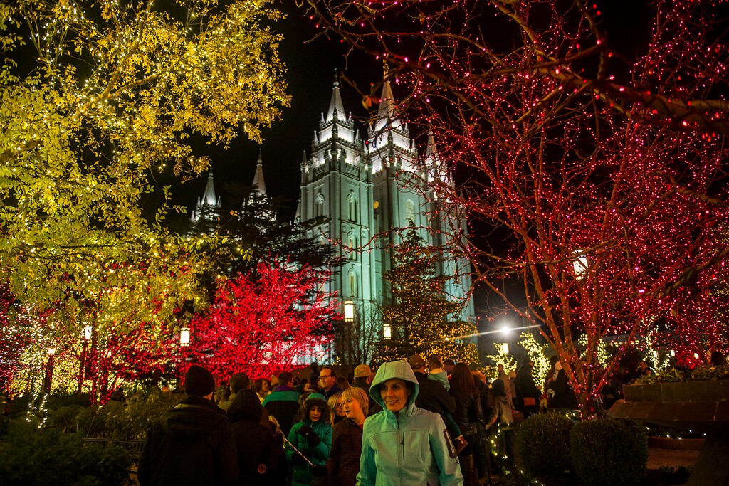 Chris Detrick  |  The Salt Lake TribuneVisitors look at Christmas Lights on Temple Square Friday November 25, 2016. The Christmas lights will turn on every night at dusk until January 3, 2016.