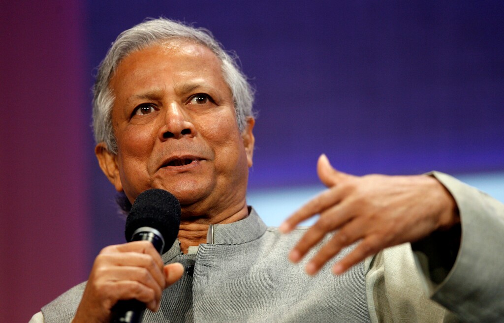 (Jason DeCrow | AP file photo)
In this Sept. 26, 2008, photo, Muhammad Yunus speaks during a panel discussion on rural development at the Clinton Global Initiative annual meeting in New York.
