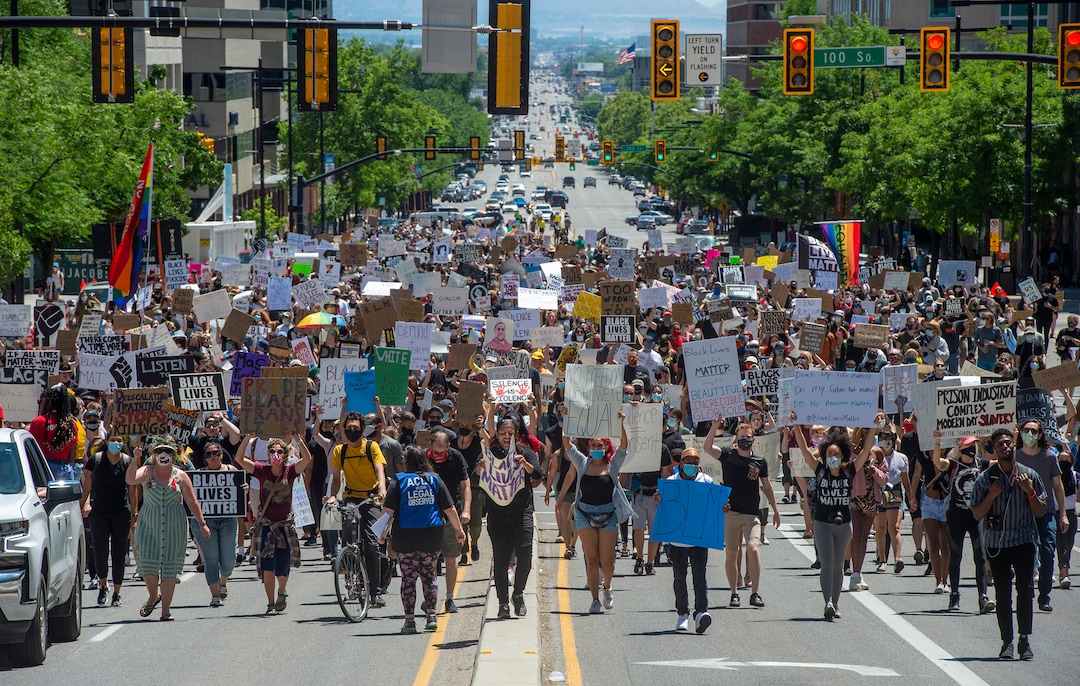 (Rick Egan  |  The Salt Lake Tribune)  Marches take to the streets of Salt Lake during a Juneteenth march in Salt Lake City on Friday, June 19, 2020.
