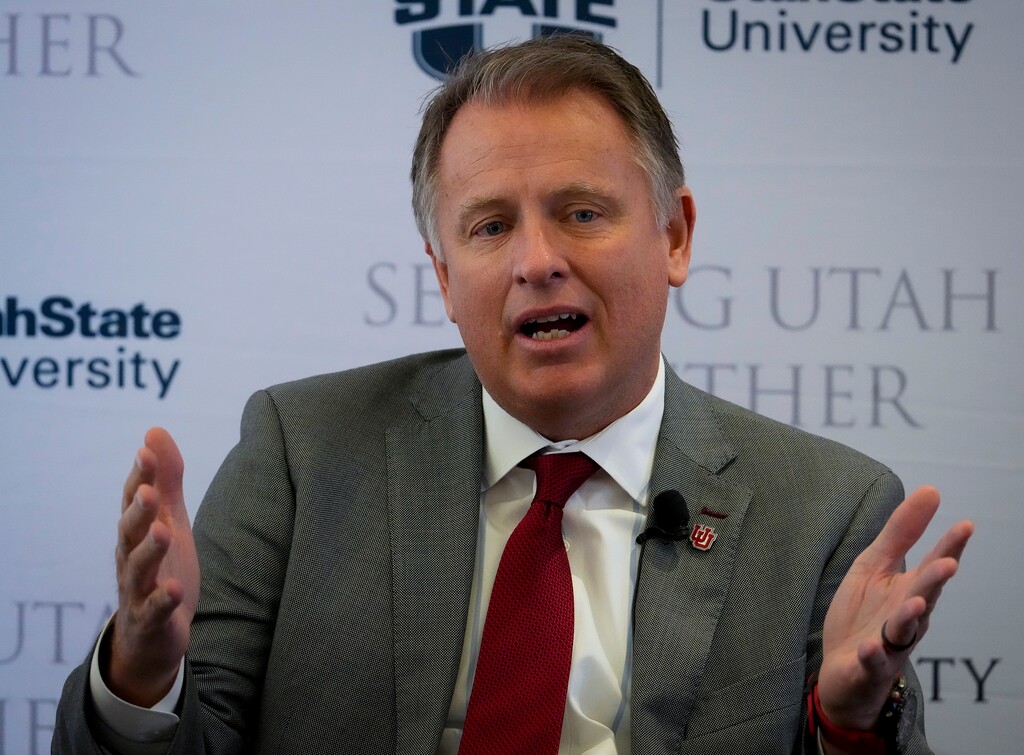 (Bethany Baker | The Salt Lake Tribune) University of Utah President Taylor Randall speaks during the Newsmaker Breakfast: The Value of Higher Education at the Thomas S. Monson Center in Salt Lake City on Wednesday, Feb. 14, 2024. During the breakfast, Randall and other heads of Utah's higher education institutions talked about a report from the Kem C. Gardner Policy Institute, which found that Utahns with college degrees earn more money and consider themselves healthier and happier than those who don't.