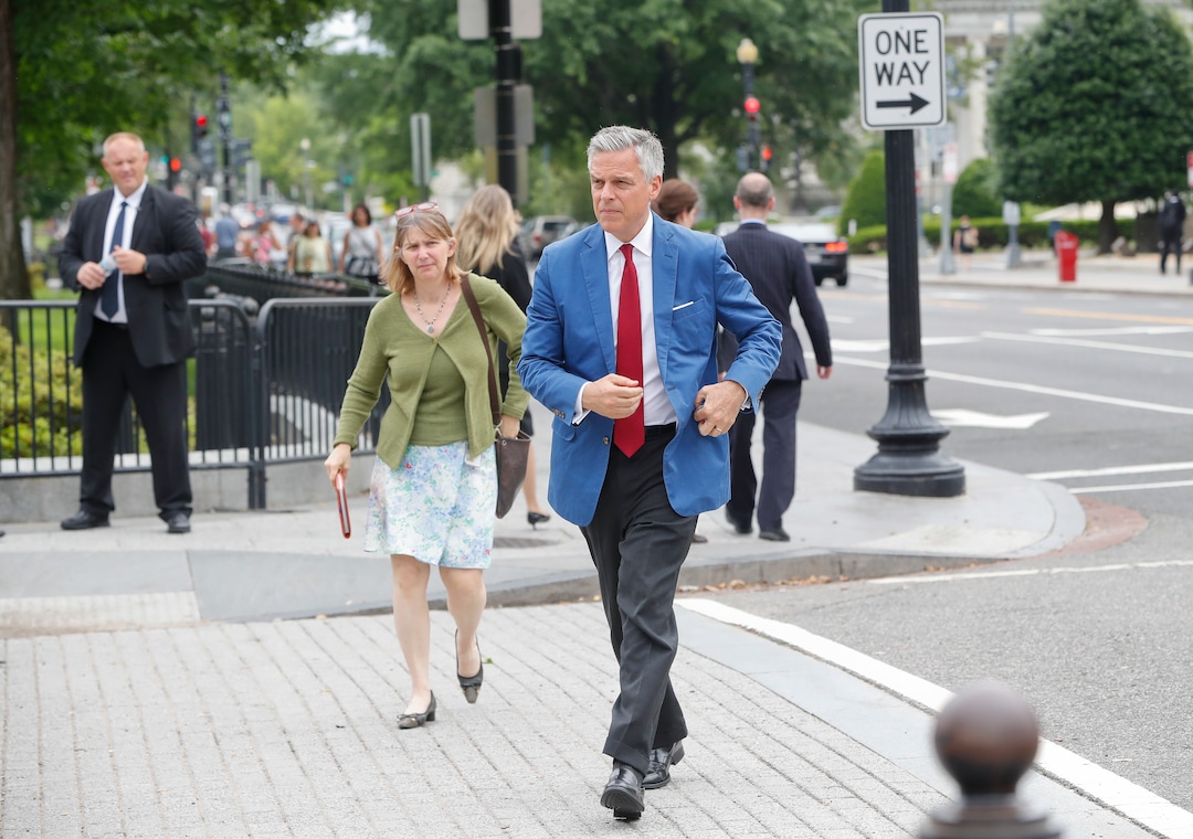 (Pablo Martinez Monsivais  |  AP Photo) Jon Huntsman, U.S. ambassador to Russia, center, is seen arriving at the security check point entrance of the White House in Washington, Wednesday, May 30, 2018.
