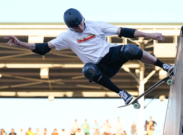 (Francisco Kjolseth | The Salt Lake Tribune) Iconic skateboarder Tony Hawk returns to the ramp to skate in public for the first, and possibly last, time since breaking his femur in March as he enters the “Legends Demo” at his Tony Hawk Vert Alert big-air skateboarding competition at the Utah Sate Fairpark on Friday, Aug. 26, 2022. 