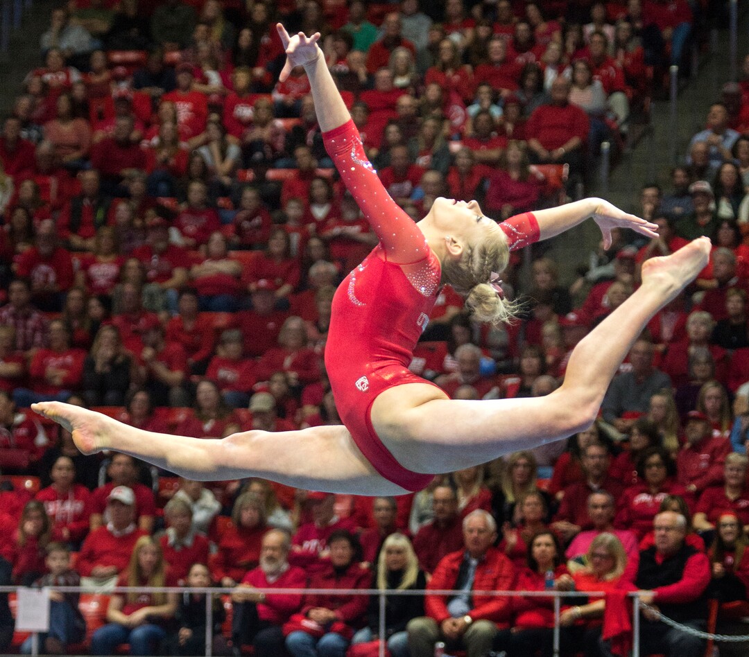 Rick Egan  |  The Salt Lake TribuneMaKenna Merrell performs on the floor for the Utes, in PAC-12 gymnastics action, Utah vs. UCLA, at the Huntsman Center, Saturday, February 18, 2017.