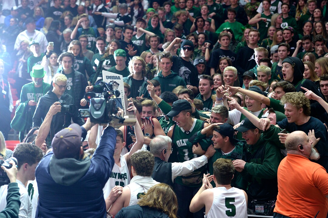 (Leah Hogsten  |  The Salt Lake Tribune) Olympus celebrates the win. Olympus defeated Corner Canyon 76-49 to win the 5A High School Boys’ Basketball Tournament Championship at the Jon M. Huntsman Center in Salt Lake City,  Saturday, March 3, 2018. 