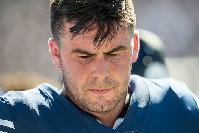 (Chris Detrick  |  The Salt Lake Tribune)  Brigham Young Cougars quarterback Tanner Mangum (12) during the game at LaVell Edwards Stadium Saturday, August 26, 2017.