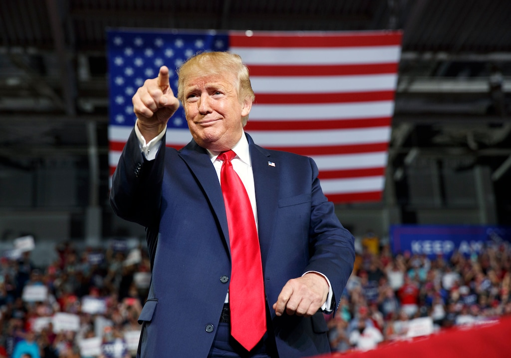 President Donald Trump gestures to the crowd as he arrives to speak at a campaign rally at Williams Arena in Greenville, N.C., Wednesday, July 17, 2019. (AP Photo/Carolyn Kaster)