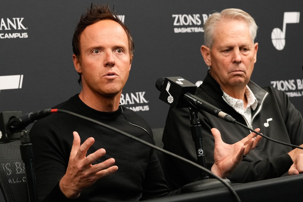 (Francisco Kjolseth | The Salt Lake Tribune) Utah Jazz owner Ryan Smith, left, and CEO Danny Ainge talk about plans to take their time to find a replacement for outgoing head coach Quin Snyder on Monday, June 6, 2022.