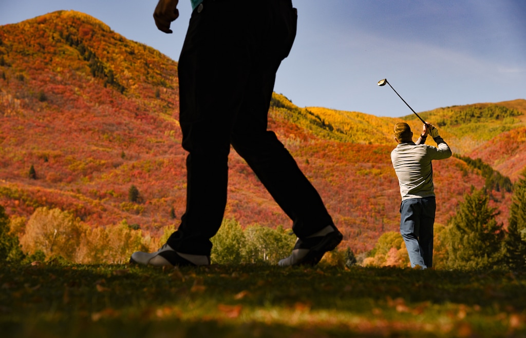 (Francisco Kjolseth  |  The Salt Lake Tribune)  Golfers take in the tapestry of Fall color at Wasatch Mountain Golf Course near Midway, Ut., on Tuesday, Oct. 10, 2019.