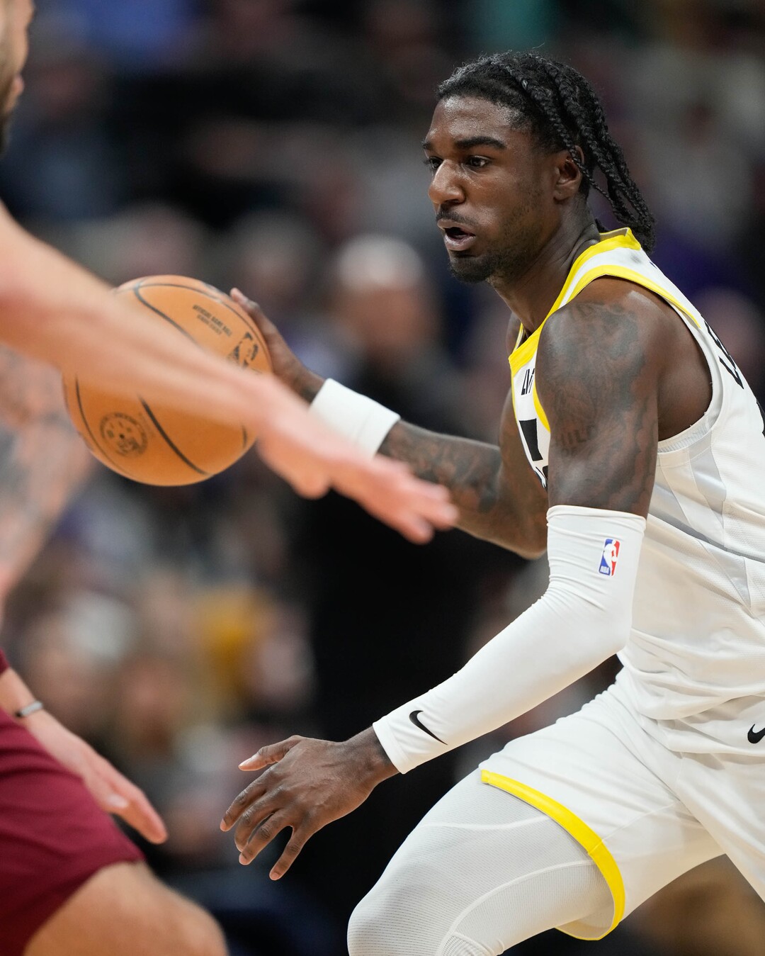 (Francisco Kjolseth  |  The Salt Lake Tribune) Utah Jazz guard Kira Lewis Jr. (13) moves the ball down court as the Utah Jazz host the Cleveland Cavaliers at the Delta Center in Salt Lake City on Tuesday, April 2, 2024.