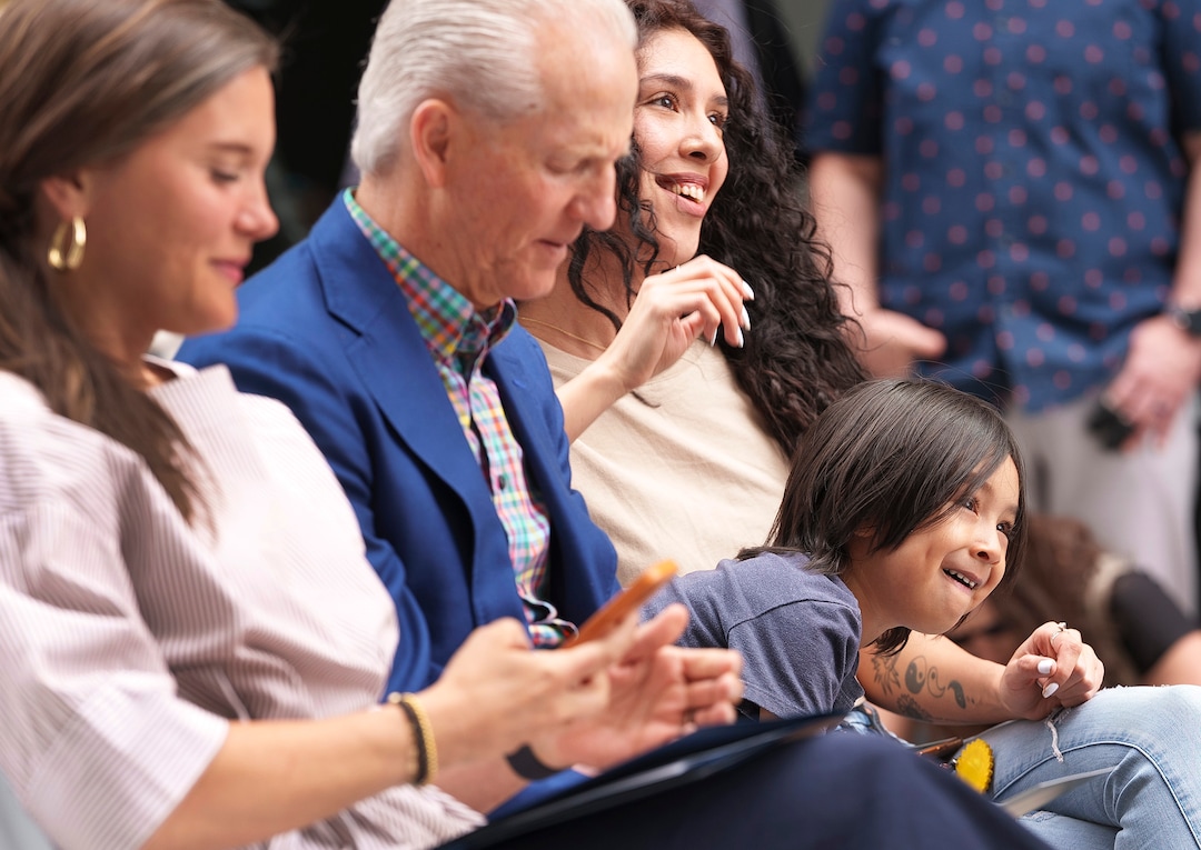 (Leah Hogsten | The Salt Lake Tribune)  From left, Salt Lake City Mayor Erin Mendenhall, State Homelessness Coordinator Wayne Niederhauser, Stephanie Ramirez and son James, 4, during the opening of The Aster, a new complex at 255 S. State, which offers 190 residential and mixed-income units, open-air spaces and community gathering spaces, May 2, 2023.