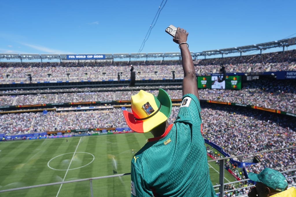 (Hiroko Masuike | The New York Times) A Senegal fan cheers before France plays Senegal during the 2026 FIFA World Cup in East Rutherford, N.J., on June 16, 2026. Lindon-based Fortem Technologies was contracted to protect World Cup games from potential drone attacks.