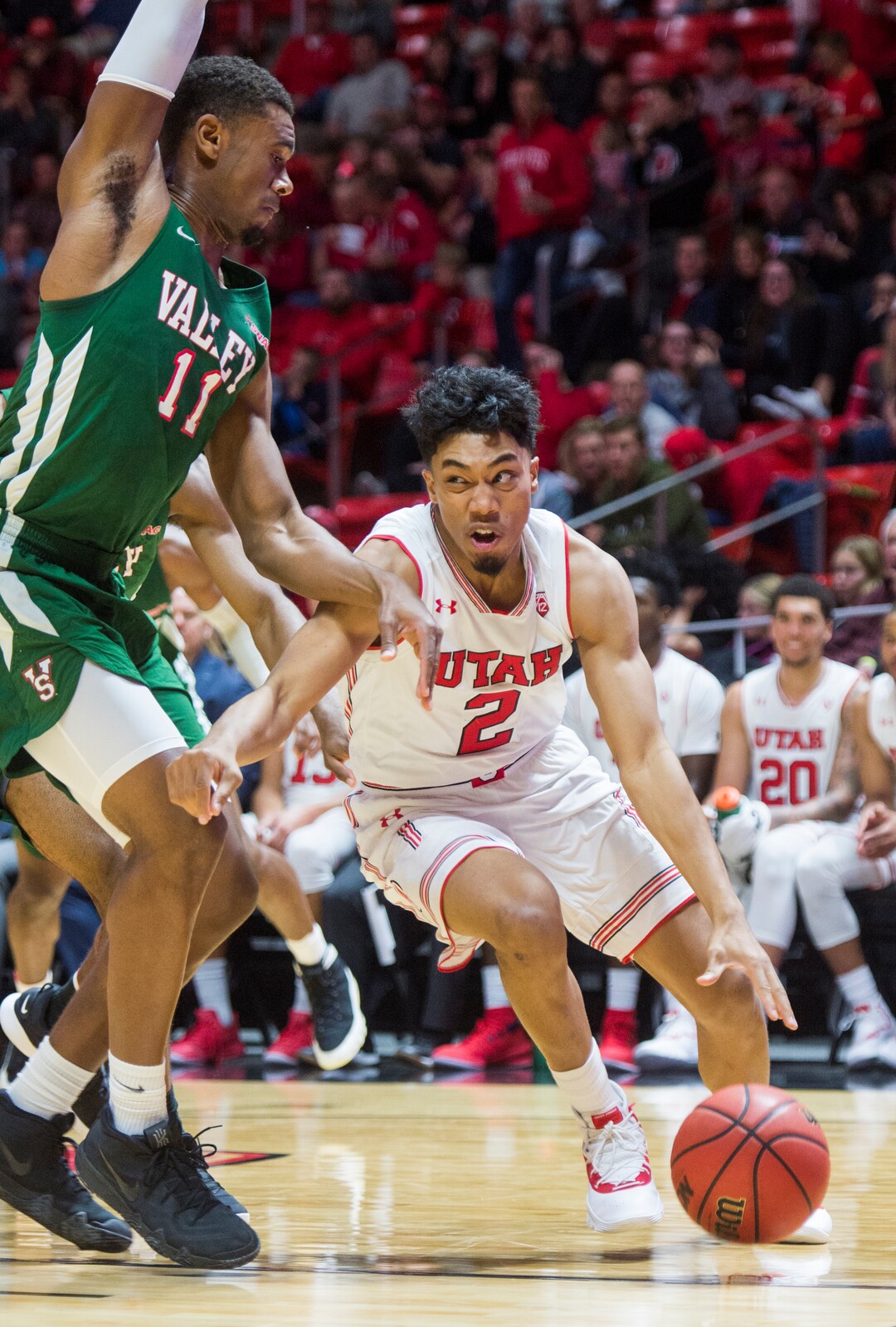 (Rick Egan  |  The Salt Lake Tribune)    Utah Utes guard Sedrick Barefield (2) takes the ball inside, as Mississippi Valley State Delta Devils forward Marcus Mitchell (11) defends, in basketball action between Utah Utes and Mississippi Valley State Delta Devils at the Jon M. Huntsman Center, Thursday, Nov. 15, 2018.