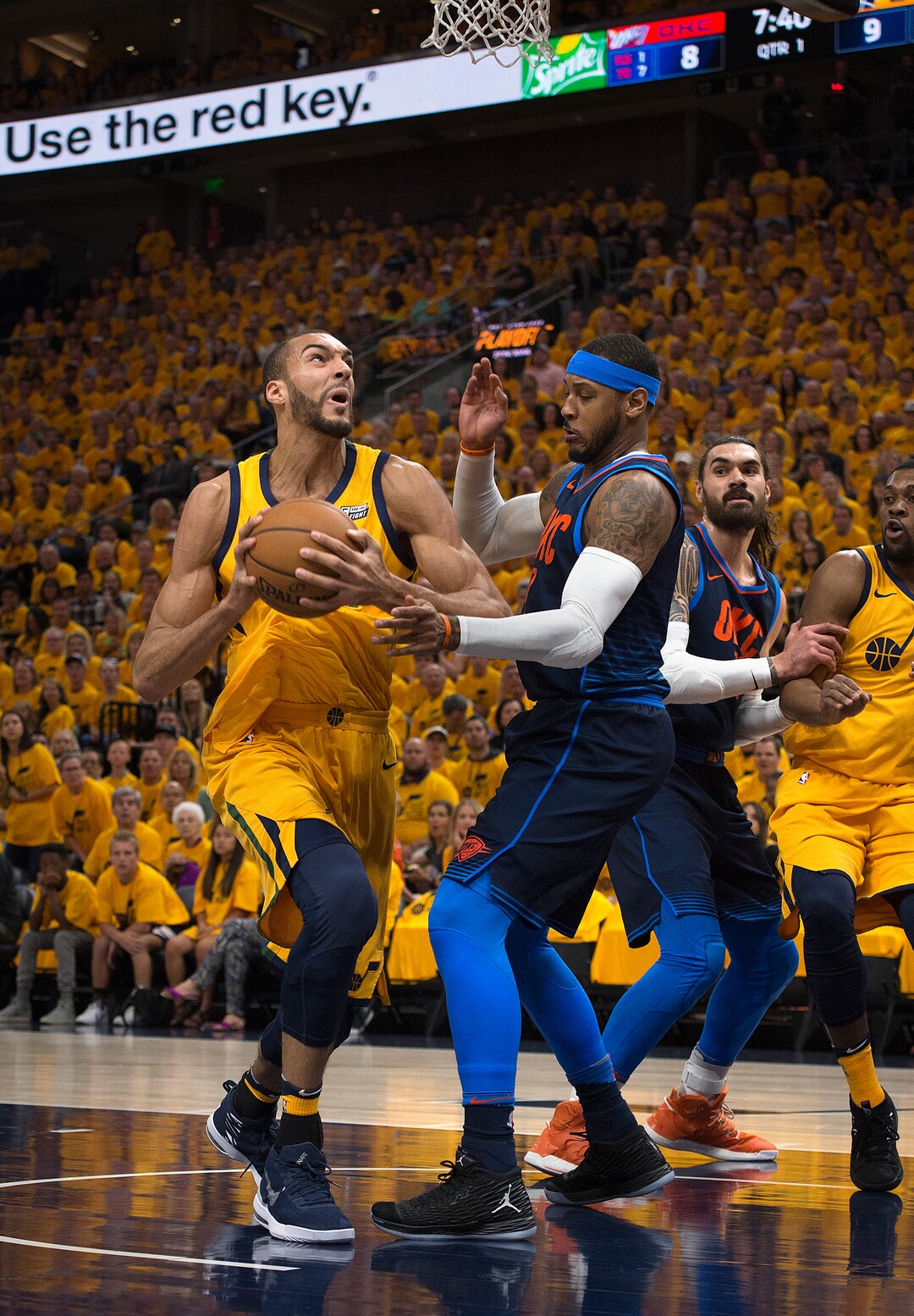 (Scott Sommerdorf | The Salt Lake Tribune)Utah Jazz center Rudy Gobert (27) drives against Oklahoma City Thunder forward Corey Brewer (3) during first quarter play. The Thunder led the Jazz 22-18 at the end of the 1st quarter during Game 6 of the first round playoff game, Friday, April 27, 2018.