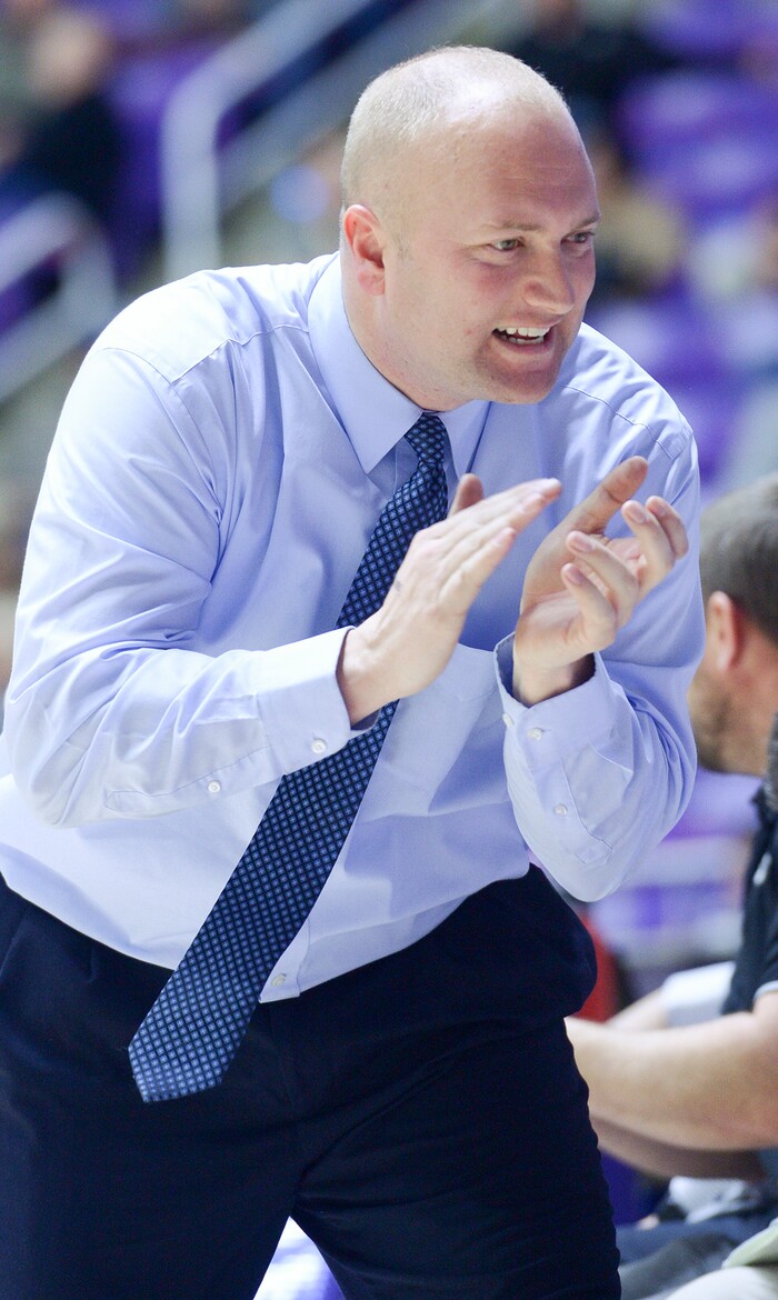 (Leah Hogsten  |  The Salt Lake Tribune) Bingham's head coach Jake Schroeder. Copper Hills faces Bingham in the 6A High School Boys' Basketball Tournament opening game at Weber State University’s Dee Events Center in Ogden, Tuesday, Feb. 27, 2018. 
