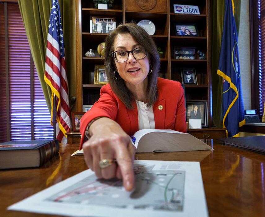 (Leah Hogsten | The Salt Lake Tribune) Lt. Gov. Deidre Henderson points to the UTEN or The Utah Education and Telehealth Network map while discussing the project in her office at the Utah Capitol, Oct. 13, 2021. UTEN's goal is to provide broadband internet access to Utah’s educational and healthcare institutions.
