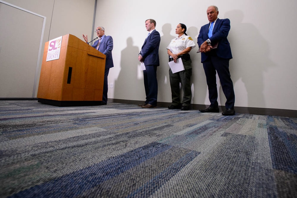 (Trent Nelson | The Salt Lake Tribune)
Salt Lake County District Attorney Sim Gill speaks at a news conference in Salt Lake City announcing Salt Lake County's lawsuit against big pharma, Tuesday April 10, 2018. Joining him are Mayor Ben McAdams, Sheriff Rosie Rivera, and former Arizona Attorney General Grant Woods.