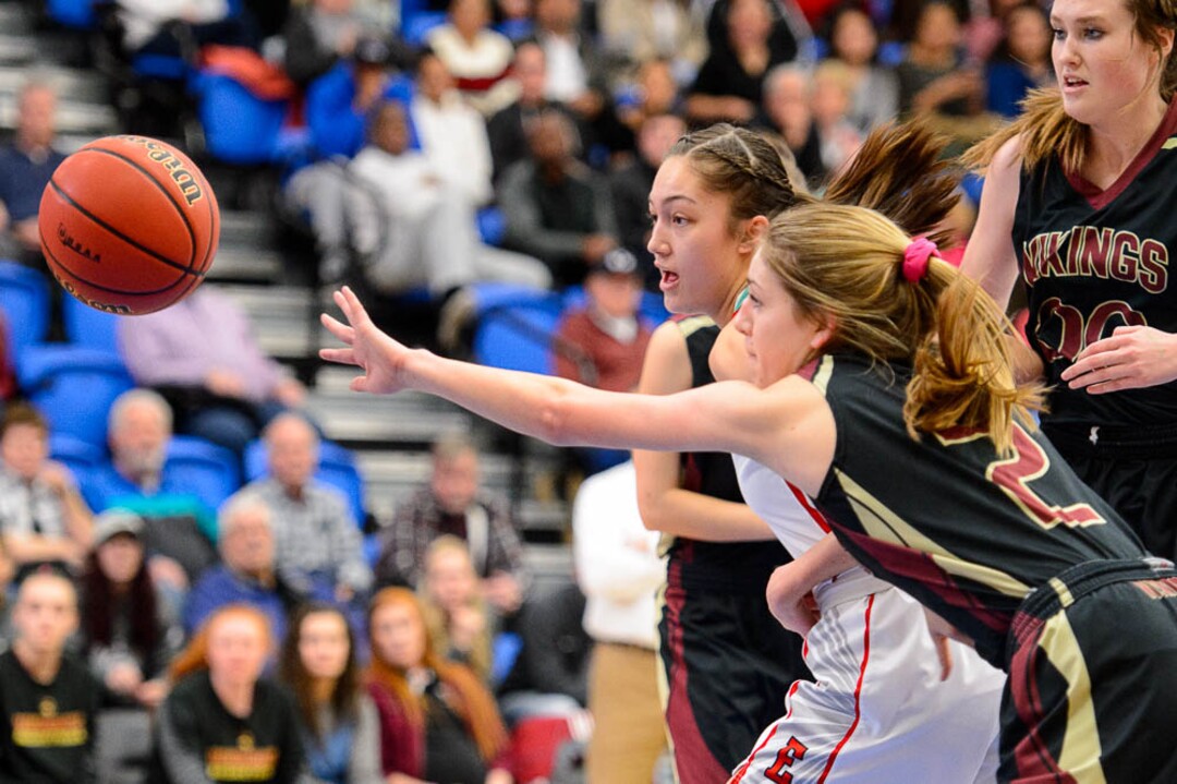 (Trent Nelson | The Salt Lake Tribune)  Viewmont's Emma Carr (2) reaches for the ball as East faces Viewmont in the 5A High School Girls' Basketball Tournament at SLCC in Taylorsville, Wednesday Feb. 21, 2018.