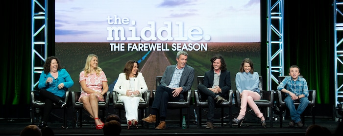 (Photo courtesy of ABC/Image Group LA) The cast and producers of ABC’s “The Middle” — Patricia Heaton, Neil Flynn, Charlie McDermott, Eden Sher, Atticus Shaffer, executive producer Eileen Heisler and executive producer DeAnn Heline.