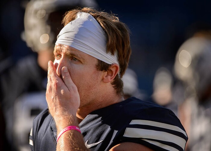 (Trent Nelson | The Salt Lake Tribune)  
Brigham Young Cougars running back Matt Hadley (2) after the 7-6 loss, as BYU hosts Northern Illinois, NCAA football in Provo, Saturday Oct. 27, 2018.