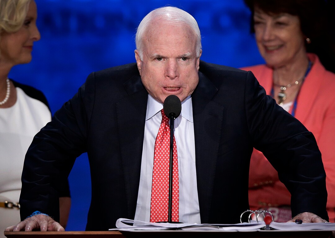 FILE - In this Aug. 29, 2012, file photo, Sen. John McCain clowns around on the podium during sound check the Republican National Convention in Tampa, Fla. (AP Photo/J. Scott Applewhite, File)