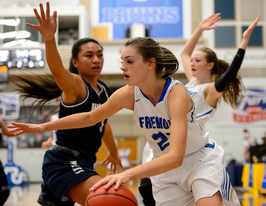 (Trent Nelson | The Salt Lake Tribune)  Fremont's Averee Porter (23) drives as Hunter faces Fremont in the 6A High School Girls' Basketball Tournament at SLCC in Taylorsville, Tuesday Feb. 20, 2018.