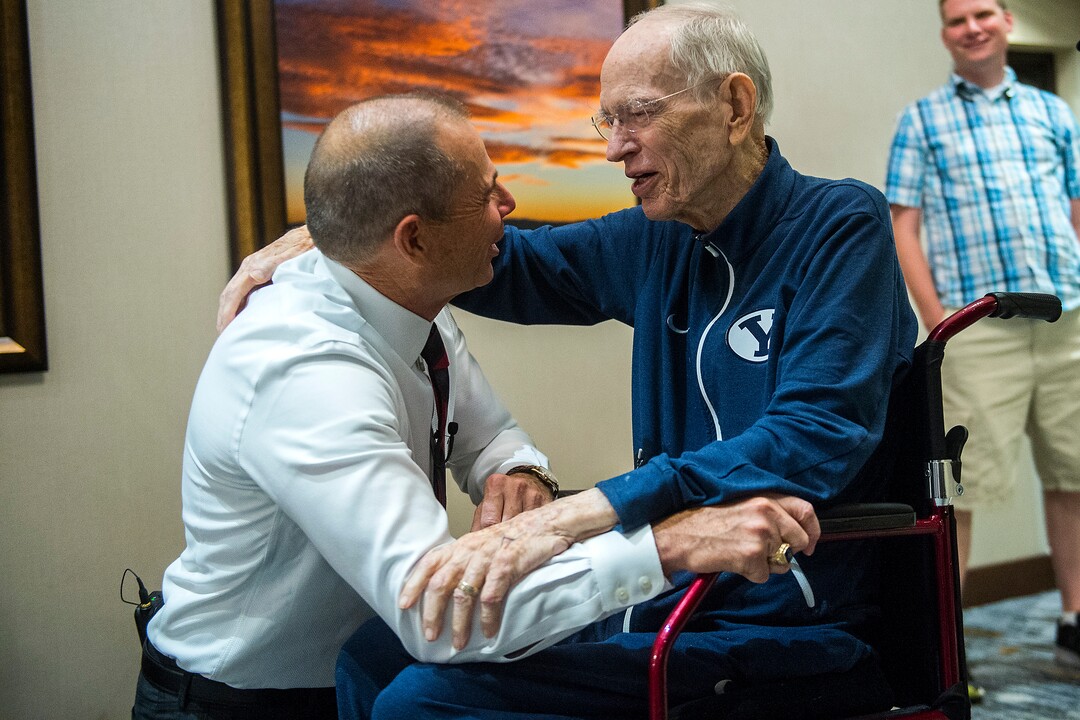 (Chris Detrick  |  The Salt Lake Tribune)  Provo Mayor John Curtis talks with friend Ray Beckham, of Provo, during his election night party at the Provo Marriott Hotel & Conference Centerr Tuesday, August 15, 2017. 