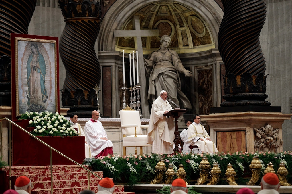 (AP Photo/Gregorio Borgia) Pope Francis celebrates Mass on the occasion of the feast of Our Lady of Guadalupe, in St. Peter's Basilica at the Vatican,Tuesday, Dec. 12, 2017.