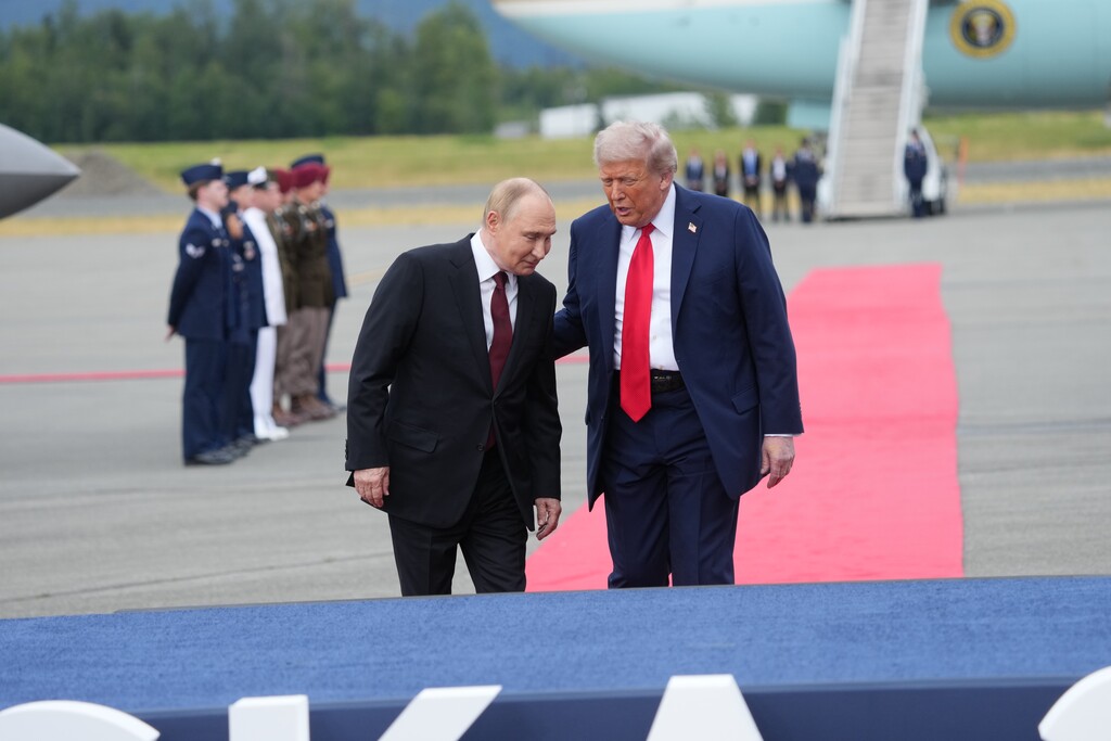 (Doug Mills | The New York Times) President Donald Trump and President Vladimir Putin of Russia meet at Joint Base Elmendorf-Richardson in Anchorage, Alaska, on Friday, Aug. 15, 2025.