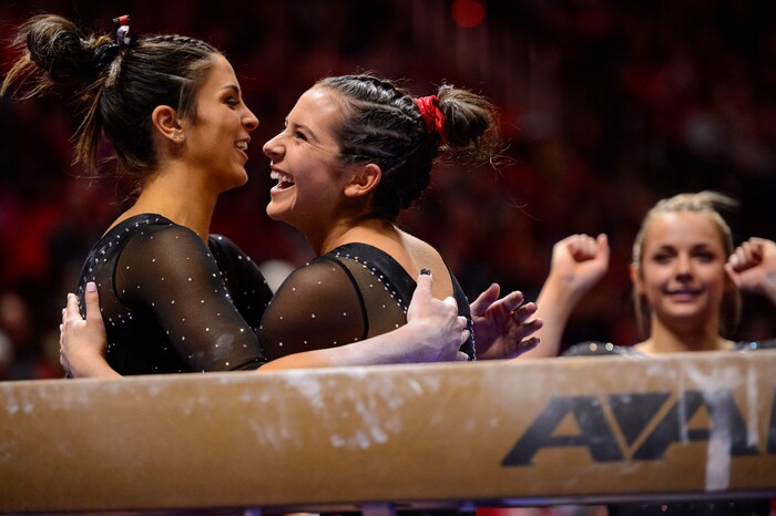 (Trent Nelson  |  The Salt Lake Tribune) Alexia Burch on the beam as the University of Utah hosts Arizona State, NCAA gymnastics in Salt Lake City on Friday, Jan. 24, 2020.