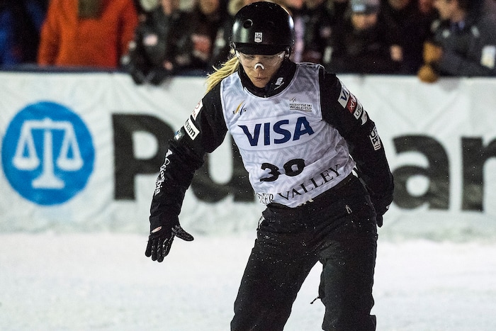(Chris Detrick  |  The Salt Lake Tribune)  USA's Madison Varmette (30) leaves the course after competing in the Ladies' Aerial Finals during the FIS Visa Freestyle International Ski World Cup at Deer Valley Resort Friday, January 12, 2018.  Varmette finished in sixth place with a score of 71.92.