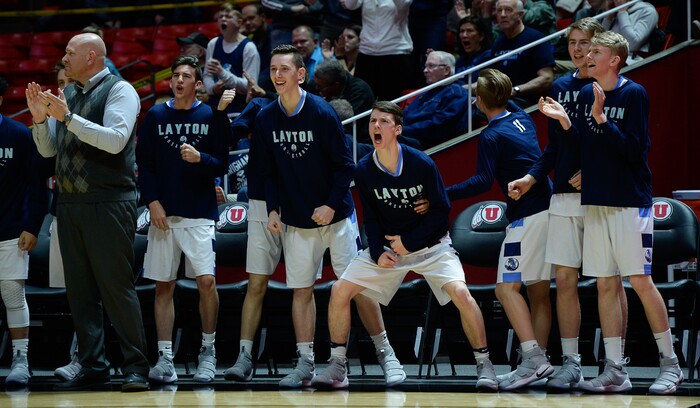 (Francisco Kjolseth  |  The Salt Lake Tribune)  Westlake vs Layton, 6A State high school basketball tournament at the Huntsman Center in Salt Lake City, Thursday March 1, 2018. The Layton bench erupts in the final minutes of their game. 