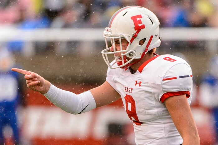 (Trent Nelson | The Salt Lake Tribune)  East's Ben Ford (8) celebrates a touchdown as East faces Bingham in the Class 6A High School State Football Championship game in Salt Lake City, Friday November 17, 2017.