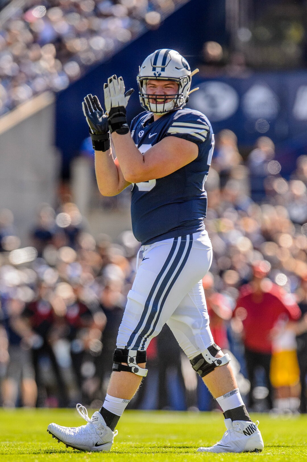 (Trent Nelson  |  The Salt Lake Tribune)  Brigham Young Cougars offensive lineman Thomas Shoaf (59) as BYU hosts USC, NCAA football in Provo on Saturday Sept. 14, 2019.