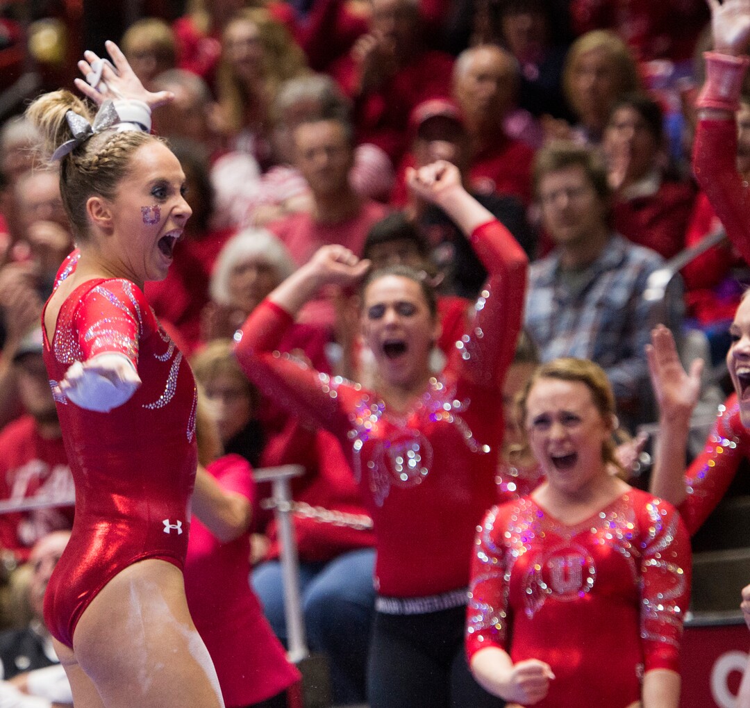 Rick Egan  |  The Salt Lake TribuneMyKayla Skinner reacts after her bars routine, for the Utes, in gymnastics action, Utah vs UCLA, at the Huntsman Center, Saturday, February 18, 2017.