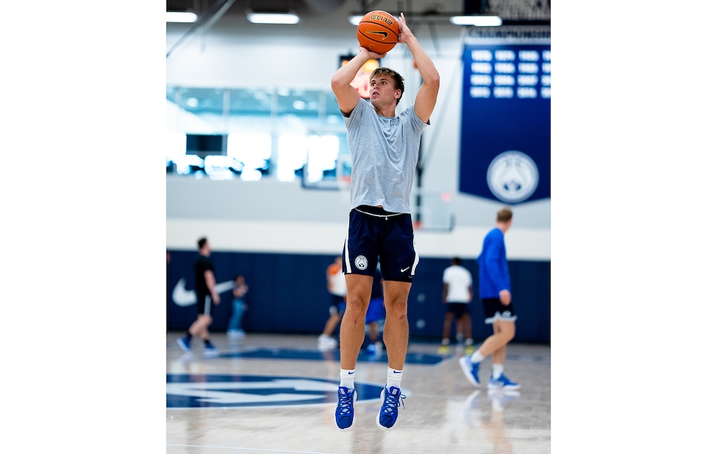(Madi Allphin/BYU Athletics) BYU freshman Dallin Hall attempts a jumpshot during a men's basketball practice.