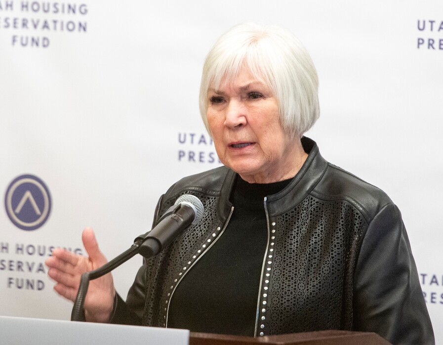 (Rick Egan  |  The Salt Lake Tribune)     Gail Miller, pictured at a news conference at the Utah State Capitol on March 2, 2020, and family have pledged to “more than match” Jazz center Rudy Gobert’s $200 thousand donation to cover shortfalls experienced by more than 1,000 part-time Jazz and Vivint Smart Home Arena employees.