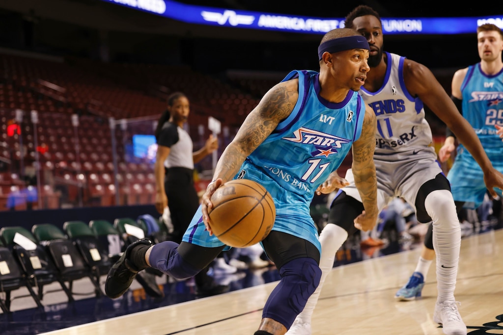 (Courtesy of Salt Lake City Stars) Isaiah Thomas drives against the Texas Legends on Thursday, March 7, 2024, at the Maverik Center. Thomas made his Stars debut and scored 32 points.