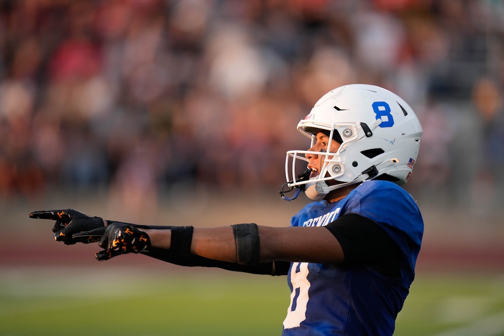 (Francisco Kjolseth | The Salt Lake Tribune) Fremont High School wide receiver and strong safety Salesi Moa celebrates during a game against Weber High School on Aug. 15, 2025. Moa announced Friday that he has switched his college commitment from Utah to Michigan.