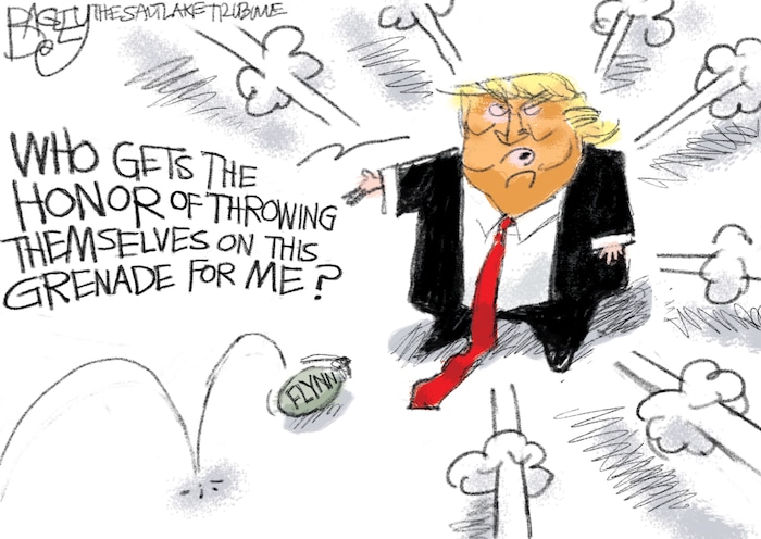 This Pat Bagley cartoon, Taking the Fall for Trump, appears in the Dec. 3, 2017 Salt Lake Tribune.