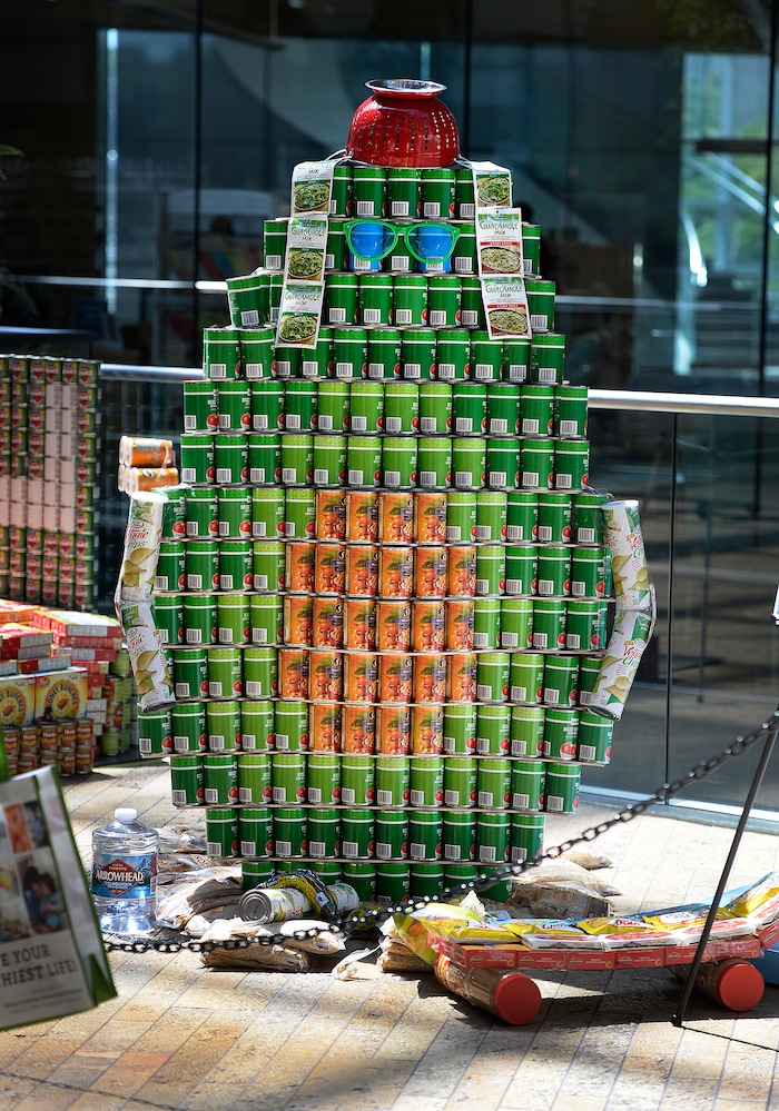 (Scott Sommerdorf | The Salt Lake Tribune) The Molina Healthcare avocado on display as the Salt Lake City Public Library hosted a community display and food drive focused on healthy food items for the Utah Food Bank. Teams from six local health careÐrelated businesses built giant sculptures using healthy canned, bagged, and boxed foods. The replica of Rice-Eccles Stadium won the public choice award, Thursday, August 10, 2017.