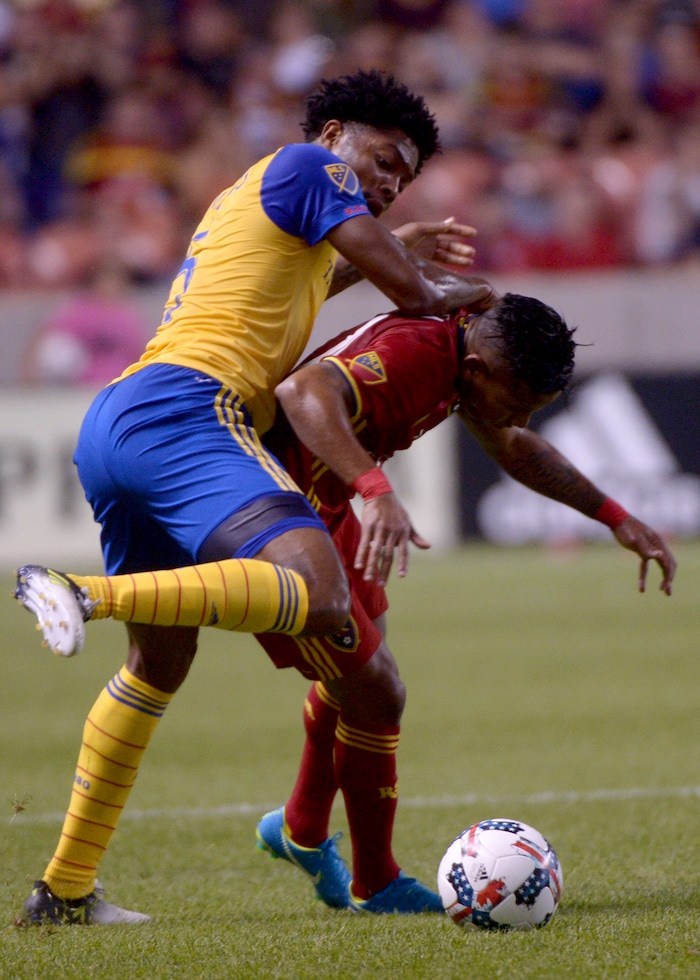 (Leah Hogsten  |  The Salt Lake Tribune) Real Salt Lake forward Joao Plata (10) battles Colorado Rapids defender Mekeil Williams (5).   Real Salt Lake are 2-0 against the Colorado Rapids for the Rocky Mountain Cup at Rio Tinto Stadium, Saturday, August 26, 2017. 